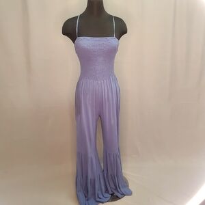 MainStrip Blue Cotton Boho Jumpsuit Flair Legs Ruffles Size L
